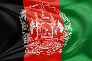 Rüzgarda dalgalanan Afganistan bayrağı, kumaş kıvrımlı ve dalgalı gerçekçi ulusal bayrak, özgürlük, birlik, miras ve vatansever kimliğin sembolü.