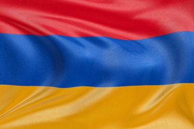Rüzgarda dalgalanan Ermenistan bayrağı, kumaş kıvrımlı ve dalgalı gerçekçi ulusal bayrak, özgürlük, birlik, miras ve vatansever kimliğin sembolü..