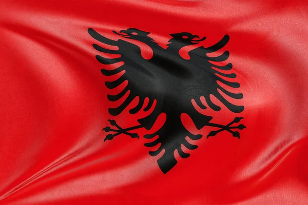 Arnavutluk bayrağı rüzgarda dalgalanıyor, kumaş kıvrımlı ve dalgalı gerçekçi ulusal bayrak, özgürlük, birlik, miras ve vatansever kimliğin sembolü.