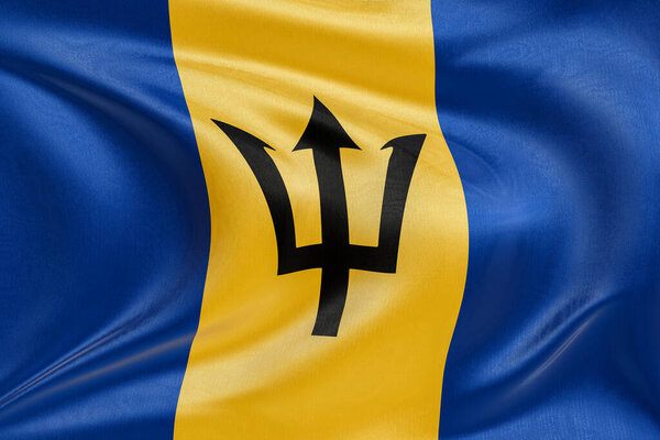 Barbados flag waving in the wind, realistic textured national banner with fabric folds and ripples, symbol of freedom, unity, heritage, and patriotic identity.