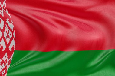 Beyaz Rusya vatansever bayrağı kumaş dalgaları ve gerçekçi tekstil kıvrımlarıyla sallanıyor, kimliği, mirası ve ebedi bağımsızlık ruhunu sembolize ediyor..