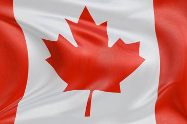 Rüzgarda dalgalanan Kanada bayrağı, kumaş kıvrımlı ve dalgalı gerçekçi ulusal bayrak, özgürlük, birlik, miras ve vatansever kimliğin sembolü.