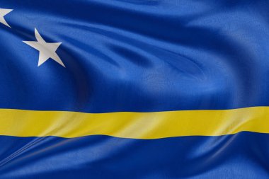 Rüzgarda dalgalanan Curacao bayrağı, kumaş kıvrımlı ve dalgalı gerçekçi ulusal bayrak, özgürlük, birlik, miras ve vatansever kimliğin sembolü..