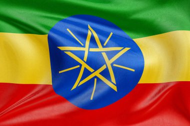 Rüzgarda dalgalanan Etiyopya 'nın ulusal bayrağı, detaylı kumaş dokusu ve gerçekçi kumaş hareketi, bağımsızlığı, mirası ve vatansever ruhu temsil ediyor..