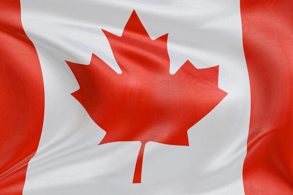Флаг Канады, размахивающий ветром, реалистичное текстурированное национальное знамя с тканевыми складками и рябью, символ свободы, единства, наследия и патриотической идентичности.