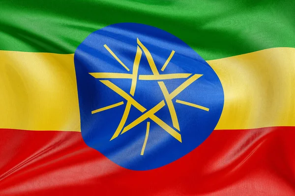 Rüzgarda dalgalanan Etiyopya 'nın ulusal bayrağı, detaylı kumaş dokusu ve gerçekçi kumaş hareketi, bağımsızlığı, mirası ve vatansever ruhu temsil ediyor..