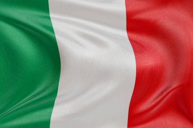 Rüzgarda dalgalanan İtalya bayrağı, kumaş kıvrımlı ve dalgalı gerçekçi ulusal bayrak, özgürlük, birlik, miras ve vatansever kimliğin sembolü.