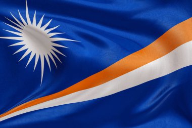 Marshall Adaları bayrağı rüzgarda sallanıyor, kumaş kıvrımlı ve dalgalı gerçekçi ulusal bayrak, özgürlüğün, birliğin, mirasın ve vatansever kimliğin sembolü.