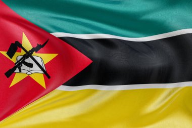 Mozambik 'in dokulu dalgalı bayrağı, zarif kumaş dalgaları ve kıvrımları birliğin, özgürlüğün, bağımsızlığın ve ulusal gururun özünü yakalıyor..