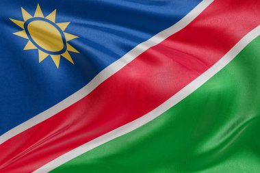 Namibya vatansever bayrağı kumaş dalgaları ve gerçekçi tekstil kıvrımlarıyla sallanıyor, kimliği, mirası ve ebedi bağımsızlık ruhunu sembolize ediyor..