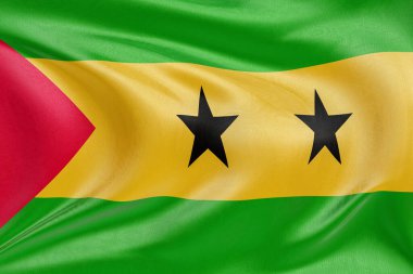 Rüzgarda sallanan Sao Tome ve Principe bayrağı kumaş kıvrımlı ve dalgalı gerçekçi ulusal bayrak özgürlüğün, birliğin, mirasın ve vatansever kimliğin sembolü..