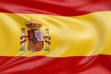 Rüzgarda dalgalanan İspanya bayrağı, kumaş kıvrımlı ve dalgalı gerçekçi ulusal bayrak, özgürlük, birlik, miras ve vatansever kimliğin sembolü.