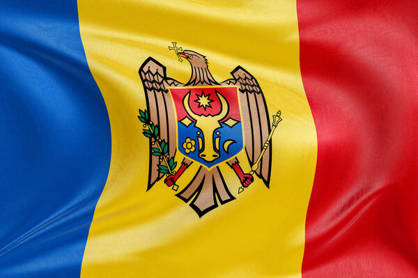 Государственный флаг Республики Молдова, виляющий на ветру, детализированная текстура ткани и реалистичное движение ткани, представляющие независимость, наследие и патриотический дух.