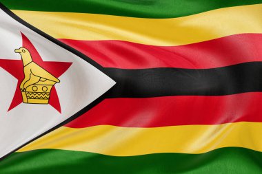Rüzgarda dalgalanan ulusal Zimbabwe bayrağı, detaylı kumaş dokusu ve gerçekçi kumaş hareketi, bağımsızlığı, mirası ve vatansever ruhu temsil ediyor..