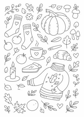 Konforlu Sonbahar Çizgisi Sanat Seti, Süveter Sıcak İçecekleri Çorap Şırıngası Şemsiyesi Şemsiyesi Mantar Mantarları ve Mevsimlik Ögeler El Çizimi Renk ve Yazdırma Çizimleri.