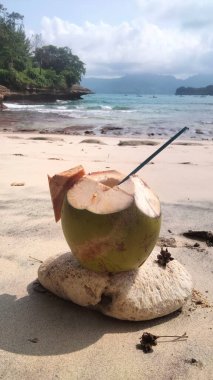 Taze yeşil hindistan cevizi içeceği kumlu sahilde turkuaz okyanus dalgaları ve arka planda kayalık sahil şeridi, tropik yaz tatili konsepti..