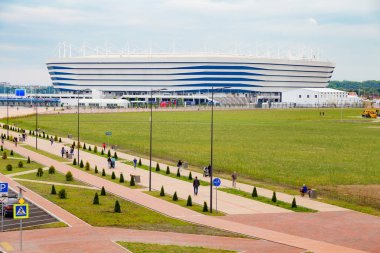 KALININGRAD, RUSSIA - 13 Haziran 2018: Rusya 'da oynanan 2018 FIFA Dünya Kupası karşılaşmaları için modern Kaliningrad futbol stadyumunun (ayrıca Arena Baltika olarak da bilinir) görünümü.
