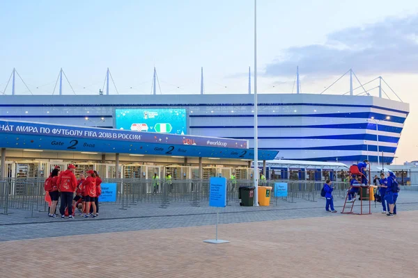 KALININGRAD, RUSSIA - 16 Haziran 2018: Hırvatistan-Nijerya maçı sırasında Rusya 'da oynanan FIFA Dünya Kupası karşılaşmaları için modern Kaliningrad futbol stadyumunun (Arena Baltika) görüntüsü.