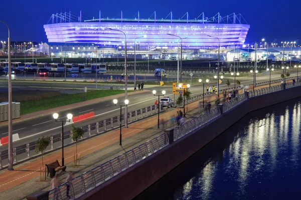 KALININGRAD, RUSSIA - JUNE 16, 2018: Night view of the modern Kaliningrad football stadium (also called Arena Baltika) for holding games of the FIFA World Cup of 2018 in Russia.