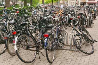Amsterdam, Hollanda - 25 Haziran 2017: Park Amsterdam Merkez caddeleri üzerinde birçok bisiklet ile.