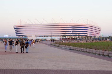KALININGRAD, RUSSIA - 16 Haziran 2018: Rusya 'da oynanan 2018 FIFA Dünya Kupası karşılaşmaları için modern Kaliningrad futbol stadyumunun (ayrıca Arena Baltika olarak da bilinir) görünümü.