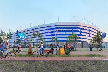 KALININGRAD, RUSSIA - 16 Haziran 2018: Hırvatistan-Nijerya maçı sırasında Rusya 'da oynanan FIFA Dünya Kupası karşılaşmaları için modern Kaliningrad futbol stadyumunun (Arena Baltika) görüntüsü.