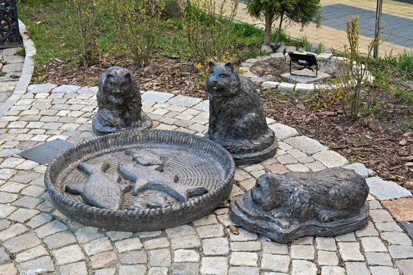 Katzen in einem Café Skulptur Komposition in berühmten Ferienort zelenogradsk (früher bekannt als cranz) an der Ostseeküste. — Stockfoto