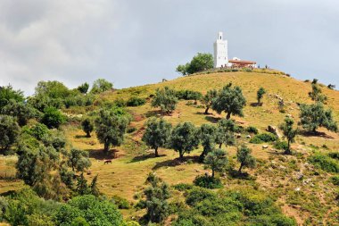 CHEFCHAOUEN, MOROCCO - 29 Mayıs 2017: Chefchaouen (Chaouen) dağları yakınlarındaki cami Bouzaafer (bilinen adıyla sa Spanish) manzarası. Kasabanın en iyi manzarası..