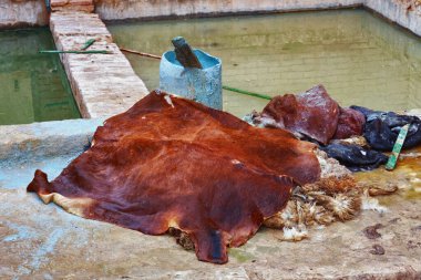 Tetouan Medina 'nın Tannery' sinde taş varillerin yanında deri kuruyor. Kuzey Fas.