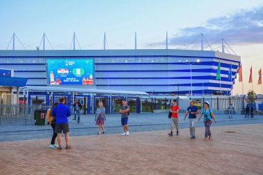 KALININGRAD, RUSSIA - 16 Haziran 2018: Hırvatistan-Nijerya maçı sırasında Rusya 'da oynanan FIFA Dünya Kupası karşılaşmaları için modern Kaliningrad futbol stadyumunun (Arena Baltika) görüntüsü.