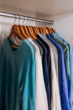 Wardrobe with colorful shirts and sweaters neatly organized on wooden hangers. Concept of order, style, and fashion.