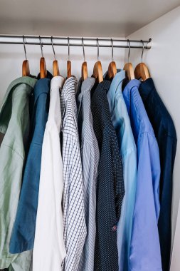 Row of different shirts hanging on wooden hangers in a wardrobe, symbolizing organization, minimalism, and neat lifestyle.