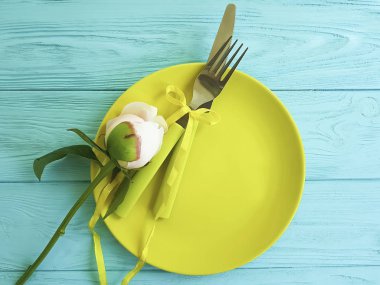 boş levha çiçek Şakayık romantik mavi ahşap zemin üzerine