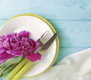 boş levha çiçek şakayık romantik mavi ahşap renkli havlu üzerinde