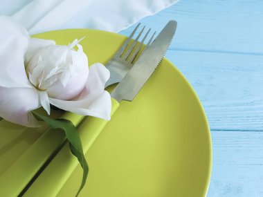 boş levha çiçek Şakayık romantik mavi ahşap zemin üzerine