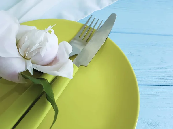 Üres Lemez Virág Bazsarózsa Romantikus Kék Háttér — Stock Fotó