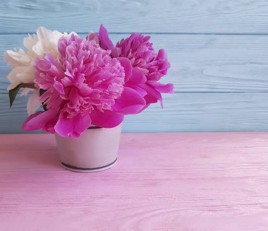 renkli ahşap arka plan üzerinde bir şakayık buket vazo