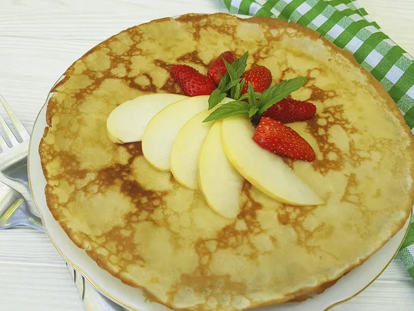 Pancakes Strawberry Apple Mint White Wooden — Stock Photo, Image