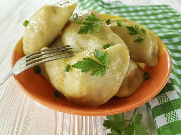 Dumplings Parsley Green Onions White Wooden Background Fork — Stock Photo, Image