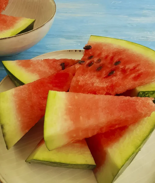 Watermelon Slices Plate Blue Wooden Background — Stock Photo, Image