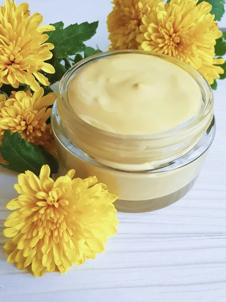 Natural Cosmetic Cream Yellow Chrysanthemum White Wooden Background Stock Photo