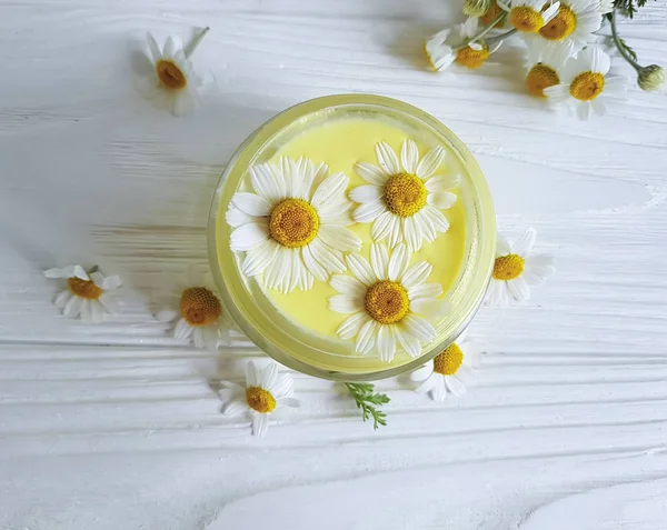 Daisy Flower Cosmetische Crème Een Witte Houten Achtergrond — Stockfoto