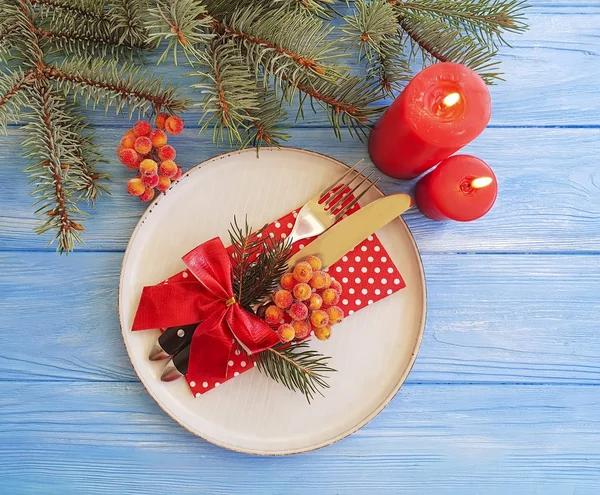 Plate Fork Knife Candle Branch Christmas Tree Blue Wooden Background — Stock Photo, Image