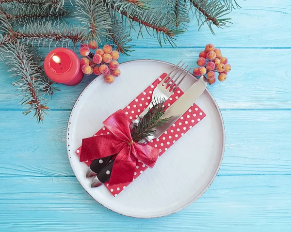 Plate Fork Knife Candle Branch Christmas Tree Blue Wooden Background — Stock Photo, Image