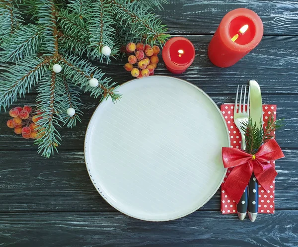 Plate Fork Knife Candle Branch Christmas Tree Dark Wooden Background — Stock Photo, Image