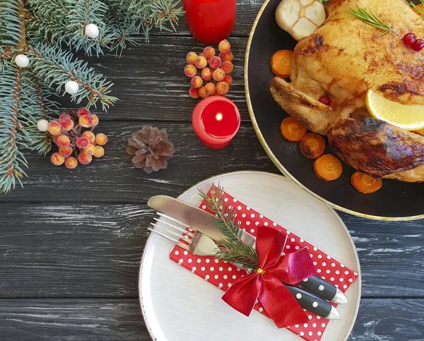 Branche Arbre Noël Poulet Frit Sur Fond Bois Arc Fourchette — Photo