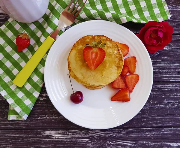 Pancakes Strawberries Cherry Flower Wooden Background — Stock Photo, Image