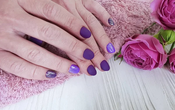 female hands manicure purple, rose flower