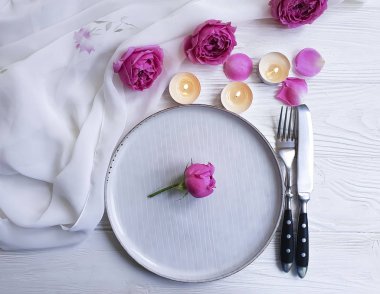 çiçek gül, tabak, çatal bıçak, ahşap, mum ateş