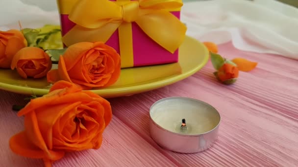 Rose Flower Plate Slow Motion Candle Fire — Stock Video